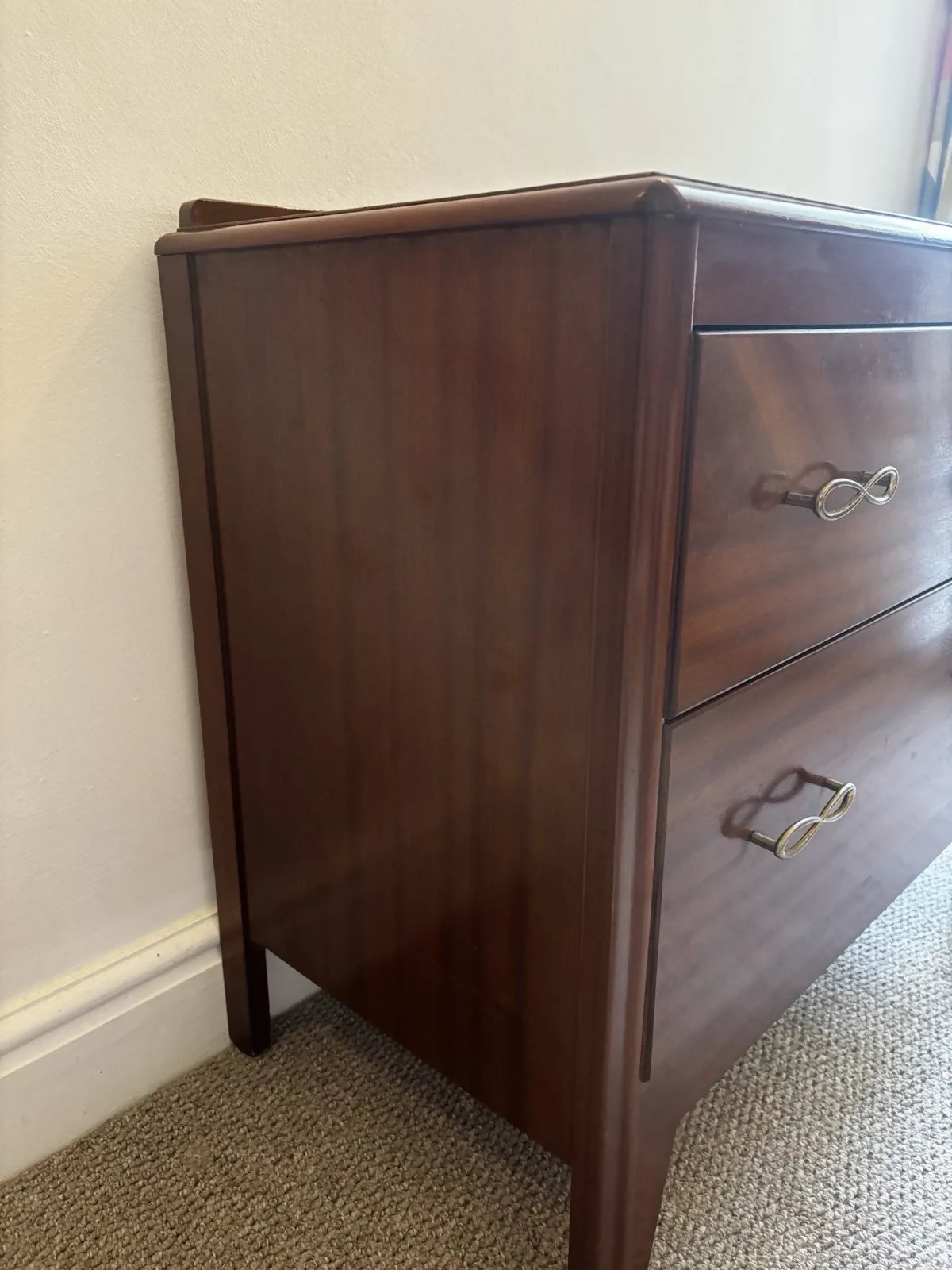 Vintage Lebus Chest of Drawers Deep 2 Drawer Mid Century Brass Infinity Handles