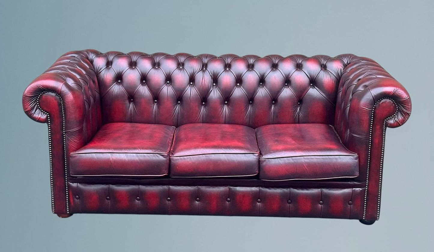 English Oxblood Leather Chesterfield Three Seater Sofa