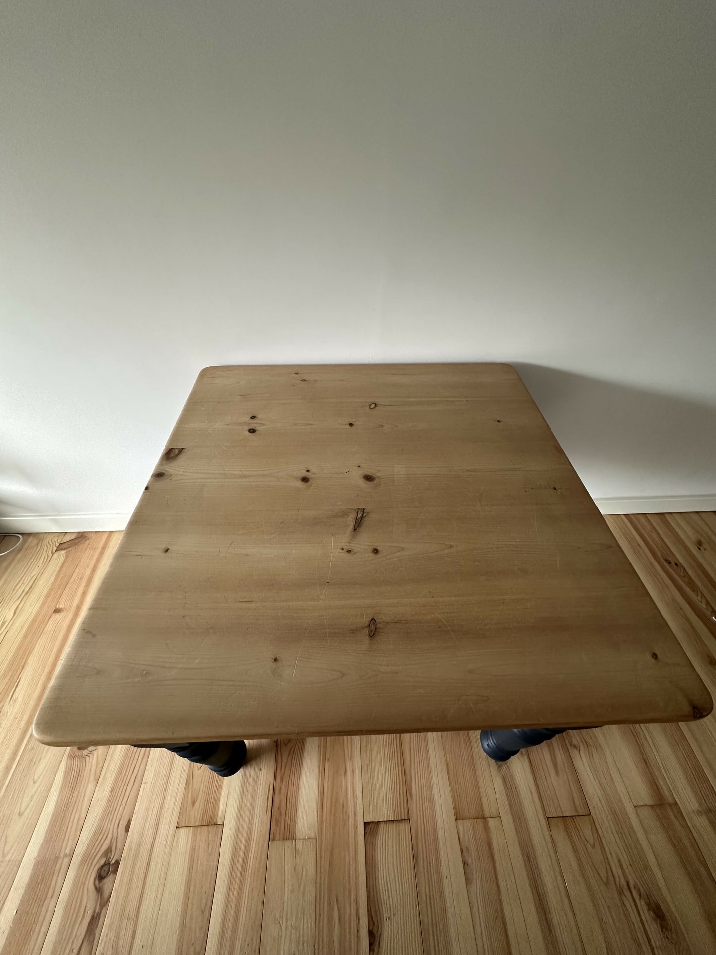 Pine dining table with stripped pine top and blue base
