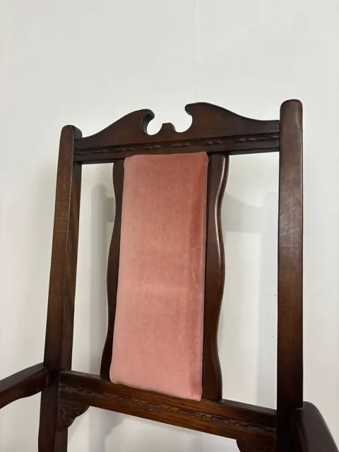 Pair Of Vintage Oak Armchairs With Pink Upholstered Seats & Backs