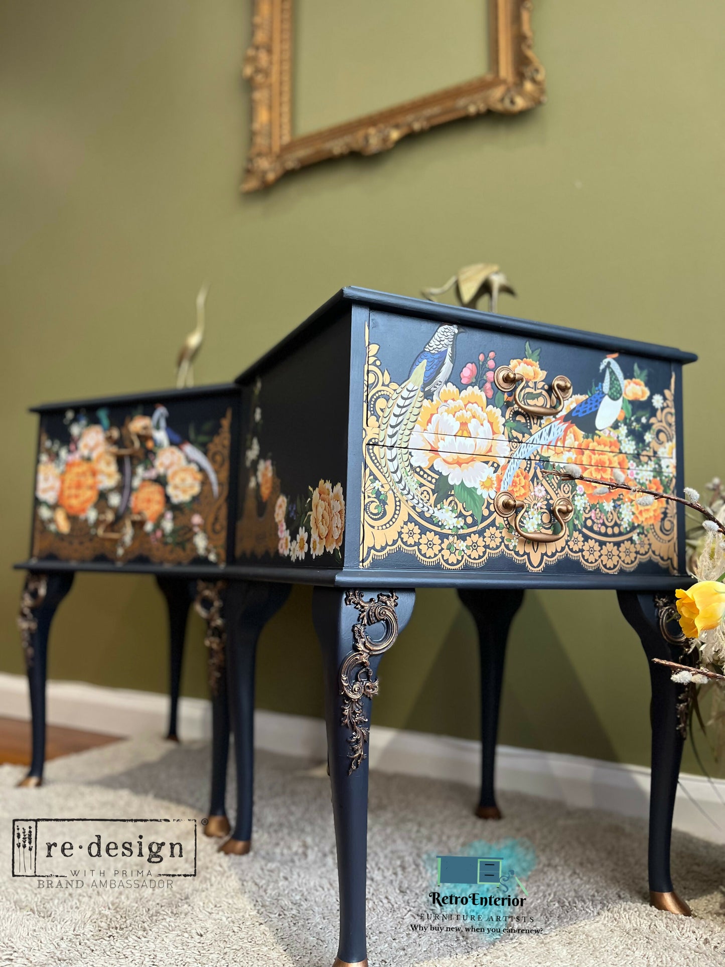 Pair of Blue French upcycled Bedside table with Pheasants and peonies design.