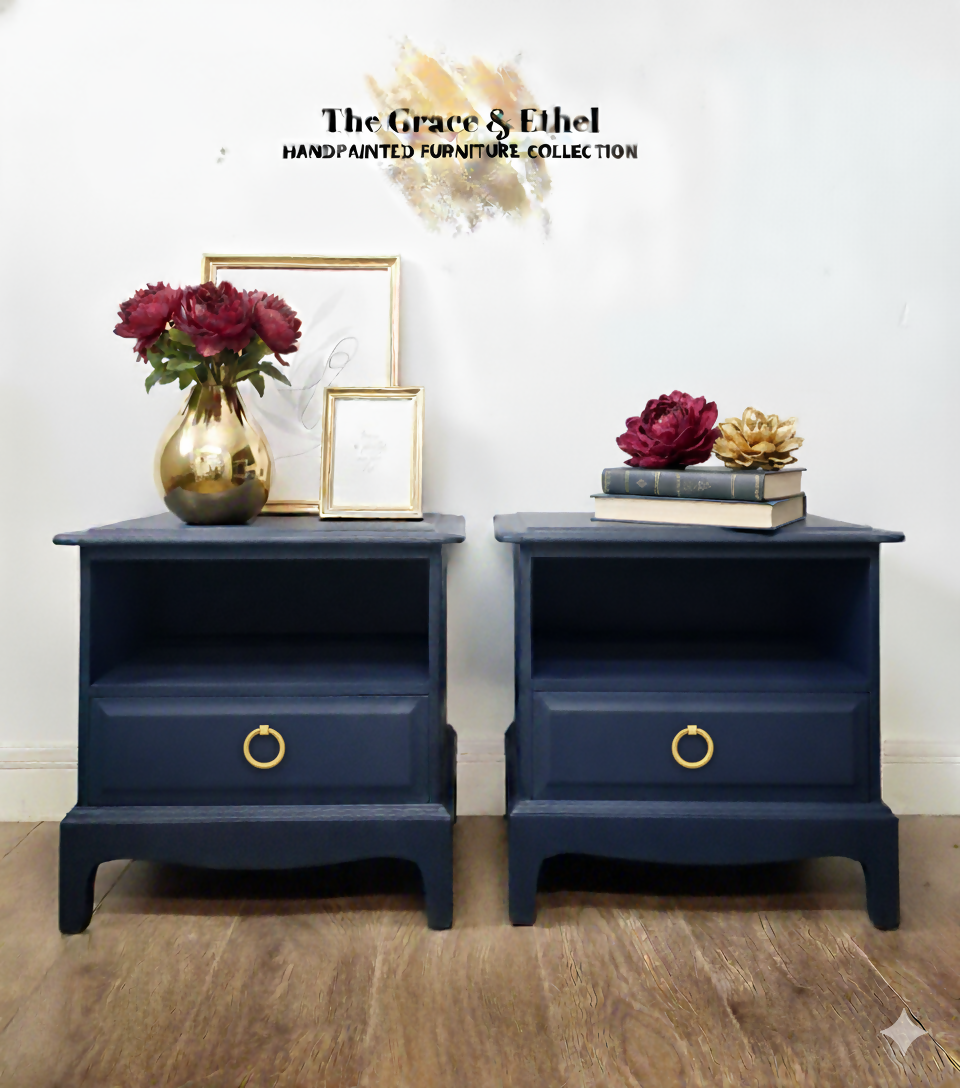 Stag cubby bedside cabinets in navy blue