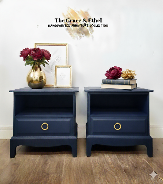 Stag cubby bedside cabinets in navy blue