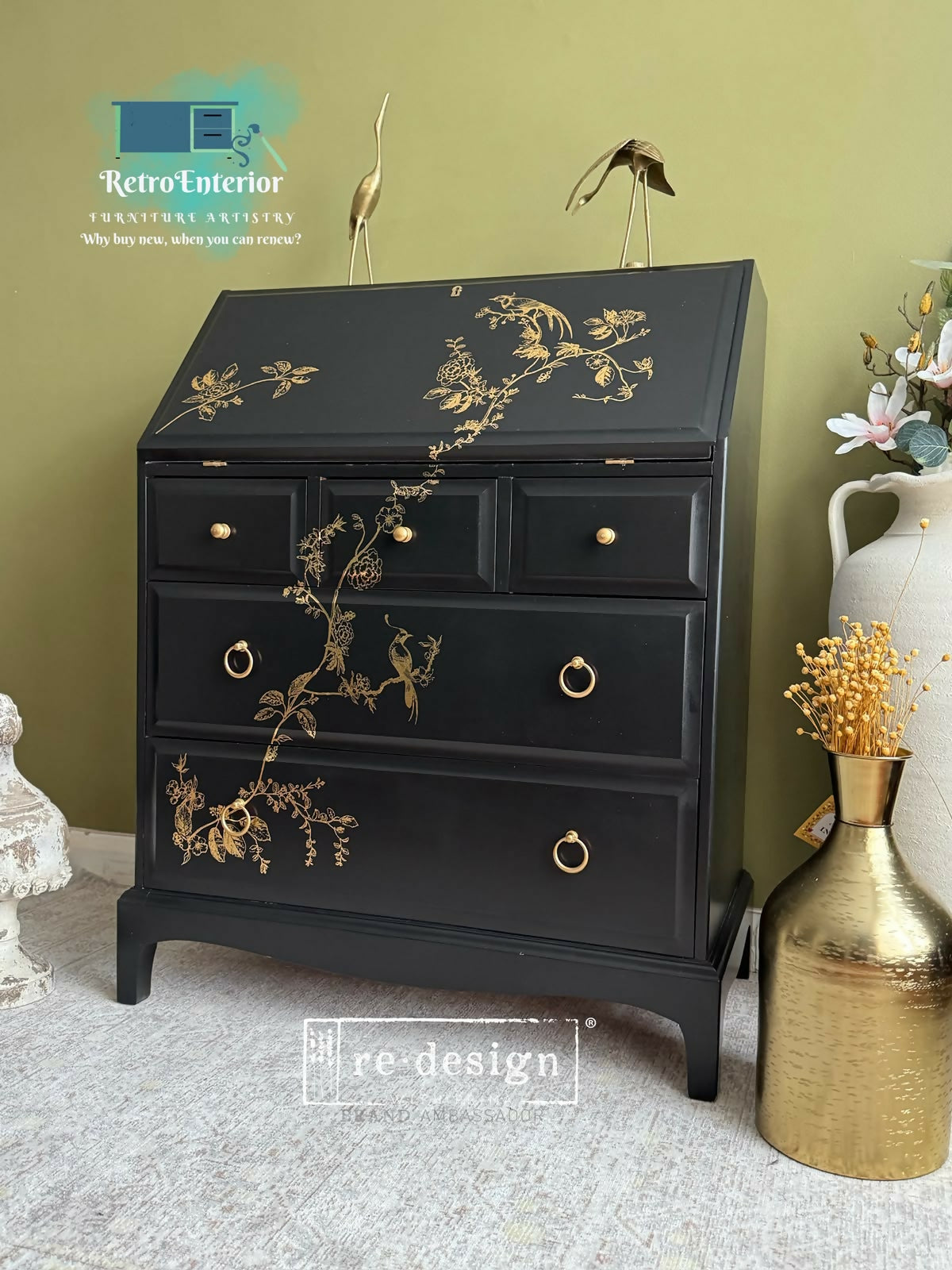 Vintage Stag Bureau / Secretary Desk – Coal Black & Gold