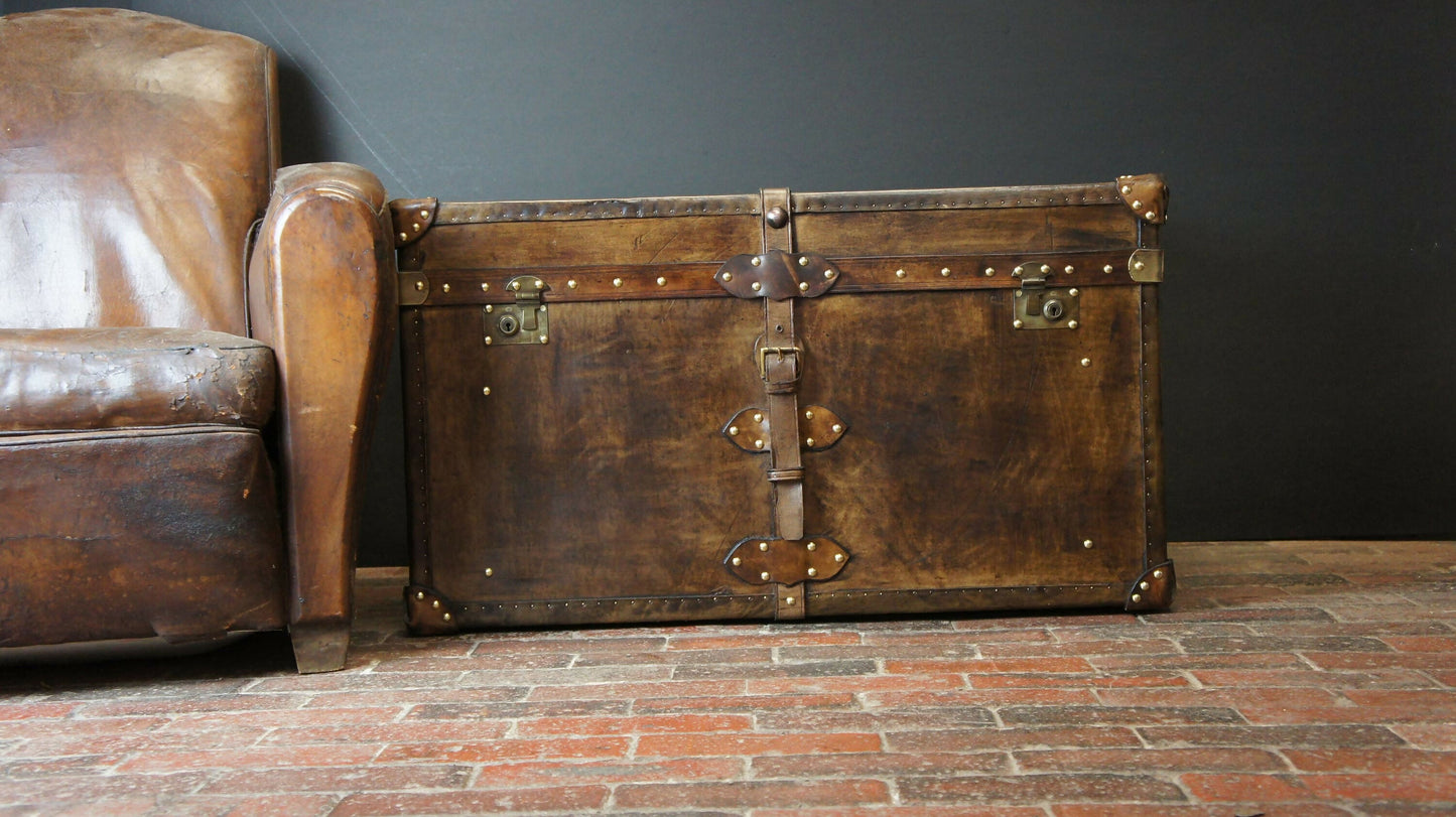 Handmade handcrafted luxury belted coffee table trunk