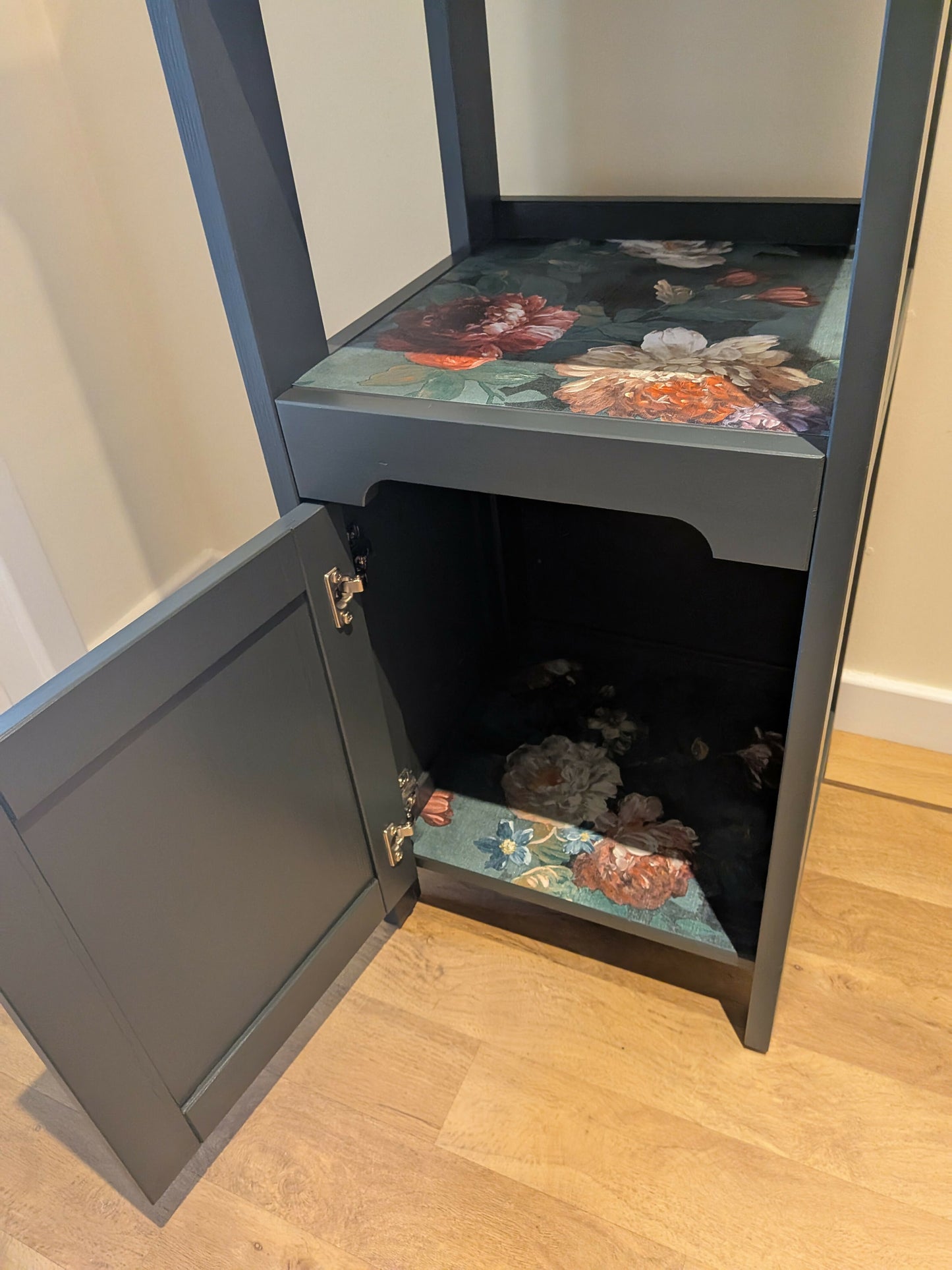 Dark green tall shelves and storage