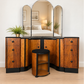 Refinished burl walnut and black Art Deco dressing table set with stool and mirror. Circa 1930 dresser, chest of drawers, art nouveau
