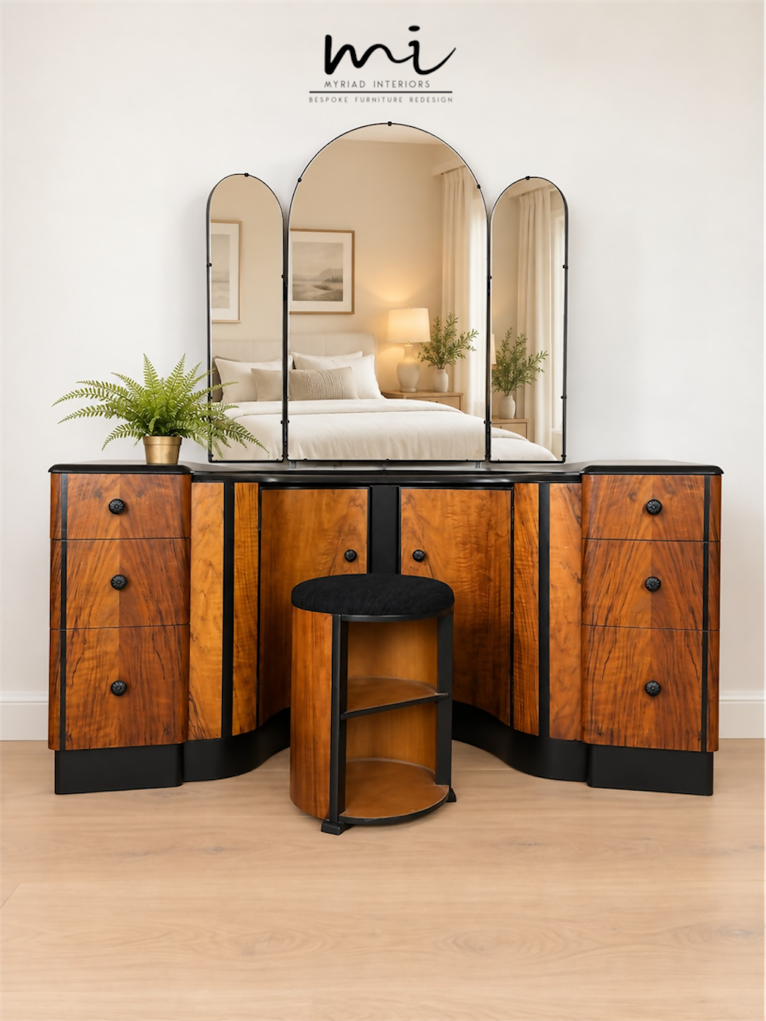 Refinished burl walnut and black Art Deco dressing table set with stool and mirror. Circa 1930 dresser, chest of drawers, art nouveau