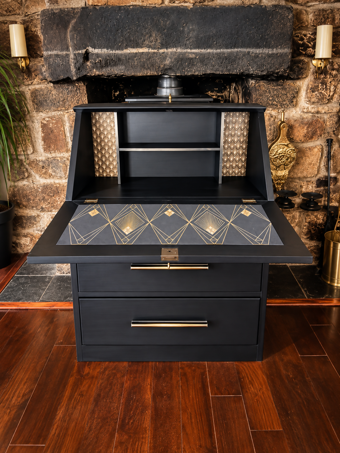 Art Deco Writing Bureau Black & Gold Secretary Desk