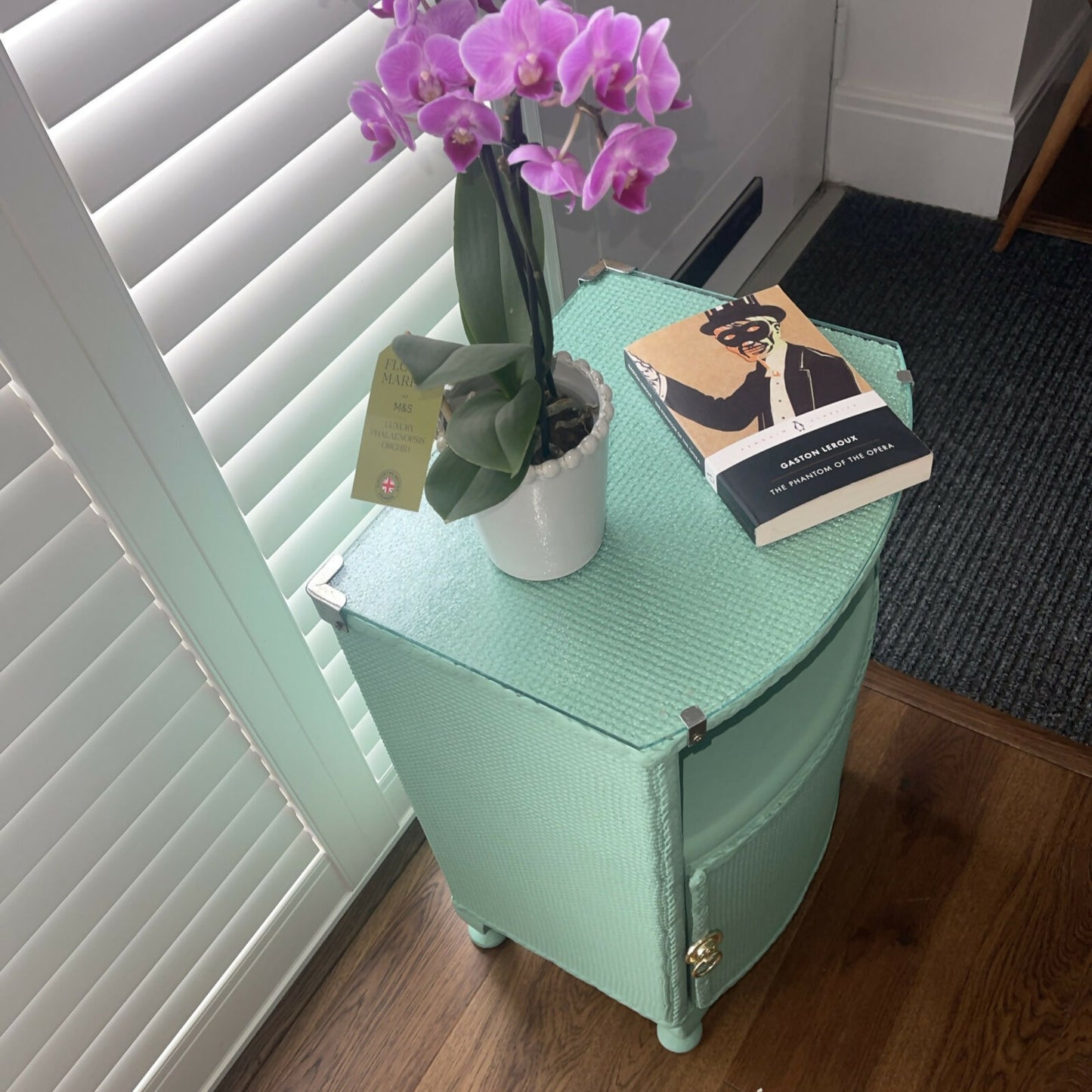 Occasional or bedside table. Green paint. Glass top.
