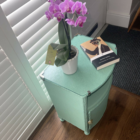 Occasional or bedside table. Green paint. Glass top.