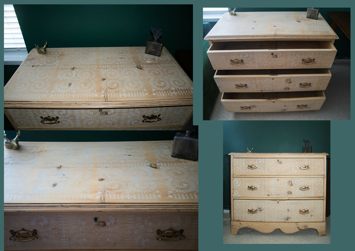 Antique Pine Chest of Drawers with stencils , three large drawers