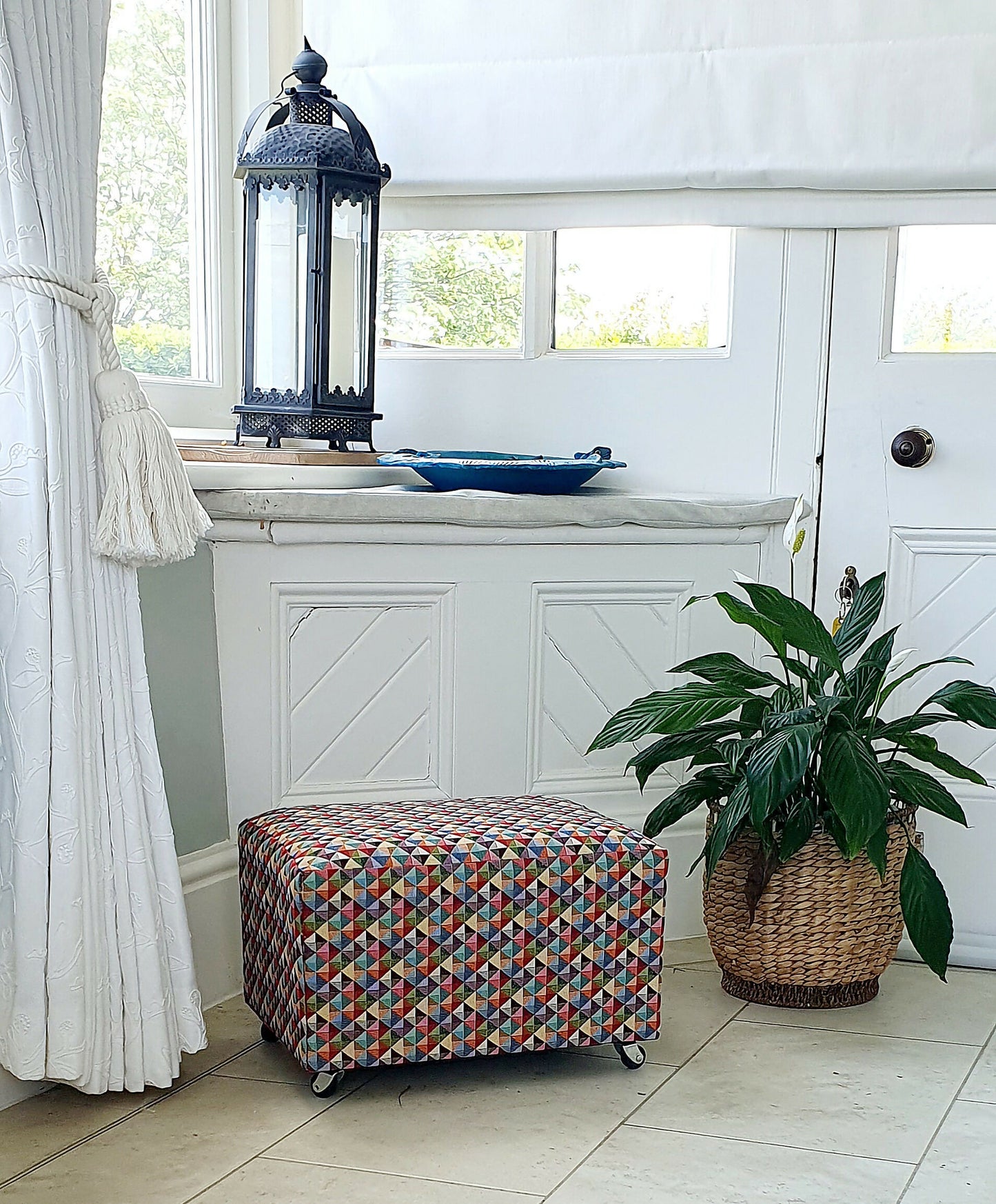 Footstool Pouffe Ottoman on castors Rescued, Restored & Reupholstered in a Modern, Geometric Fabric.