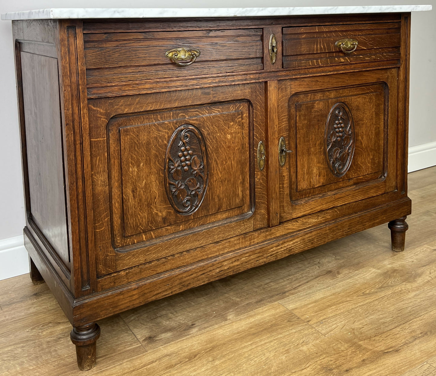 Cabinet Antique French Style Marble Top Oak Sideboard Carved Cupboard LOT 6312