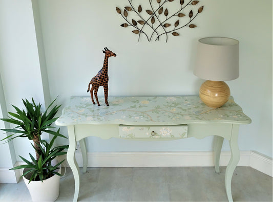 Pale green decoupaged console table, one drawer