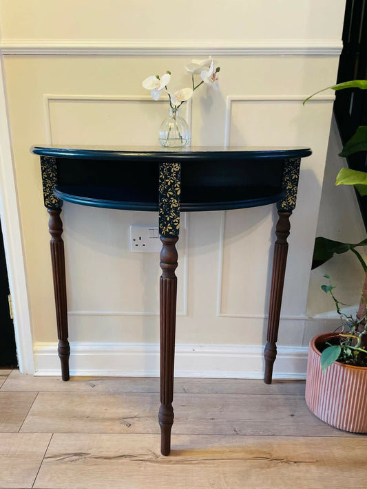 Navy Blue & Gold Demi Lune Console Table | Upcycled Hallway Side Plant Stand
