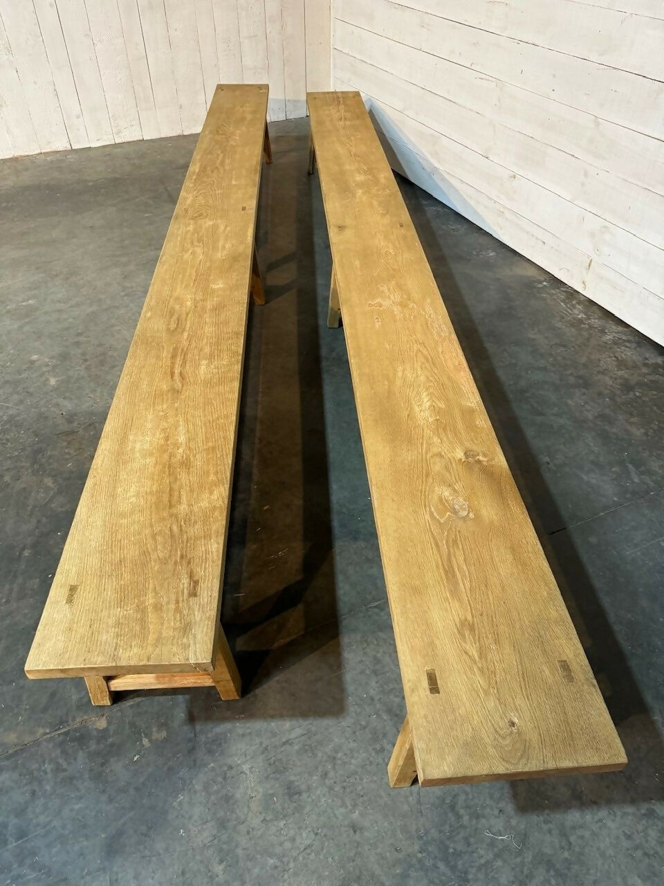 Very Long Pair Bleached Oak Dining Benches