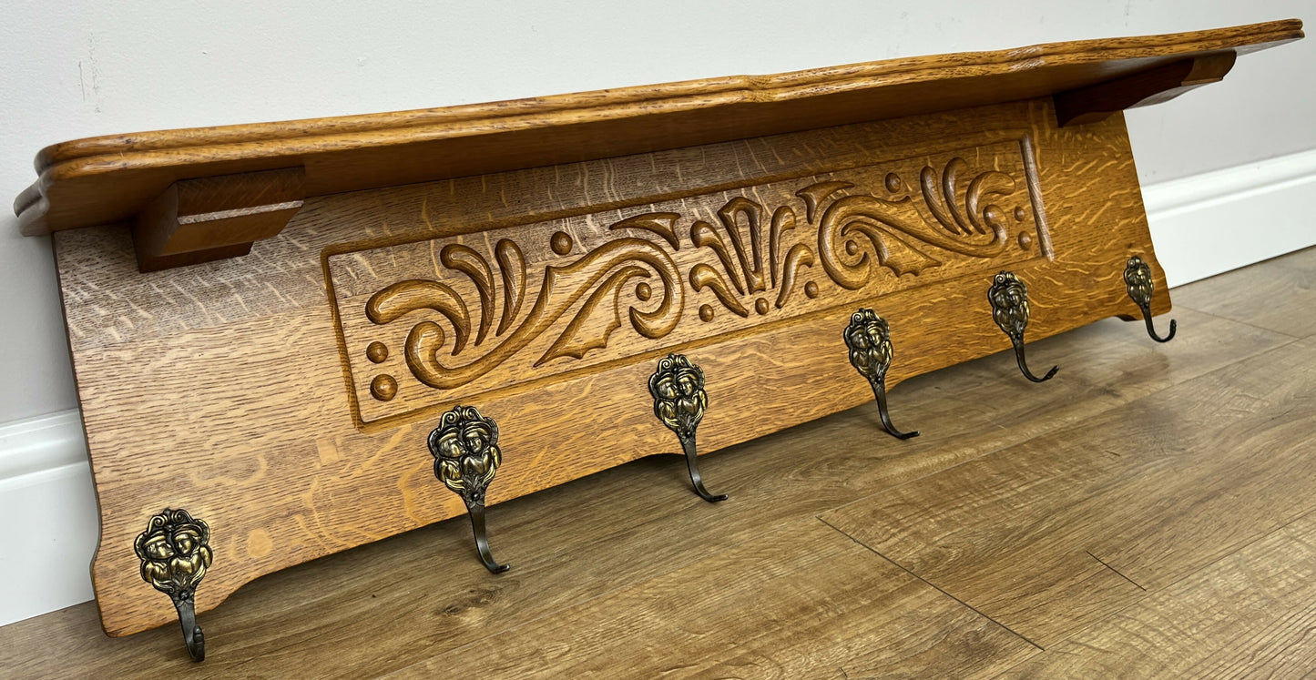 Coat Rack Vintage French Carved Oak Wall Mounted 6 Hooks Rack Hanger LOT 6366