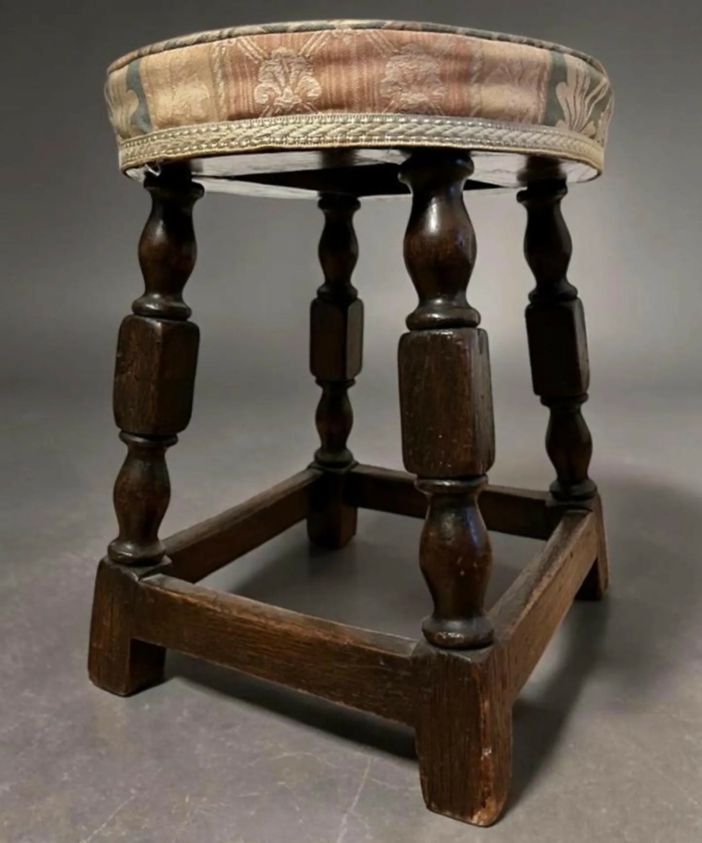 Vintage Oak Stool Rustic Wooden Footstool Turned Legs Aged Patina