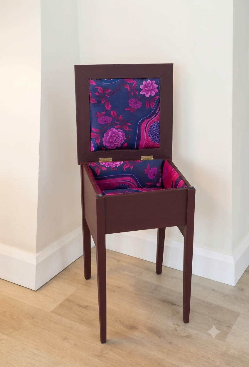 Antique Sewing Box Table — Aubergine painted, Silk lined