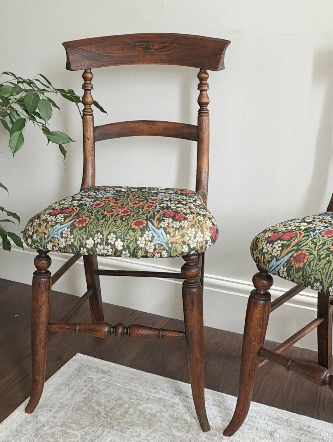 Beautiful Pair Of Victorian Oak Chairs Reupholstered Seats in a William Morris 'Blackthorne' Tapestry Fabric'