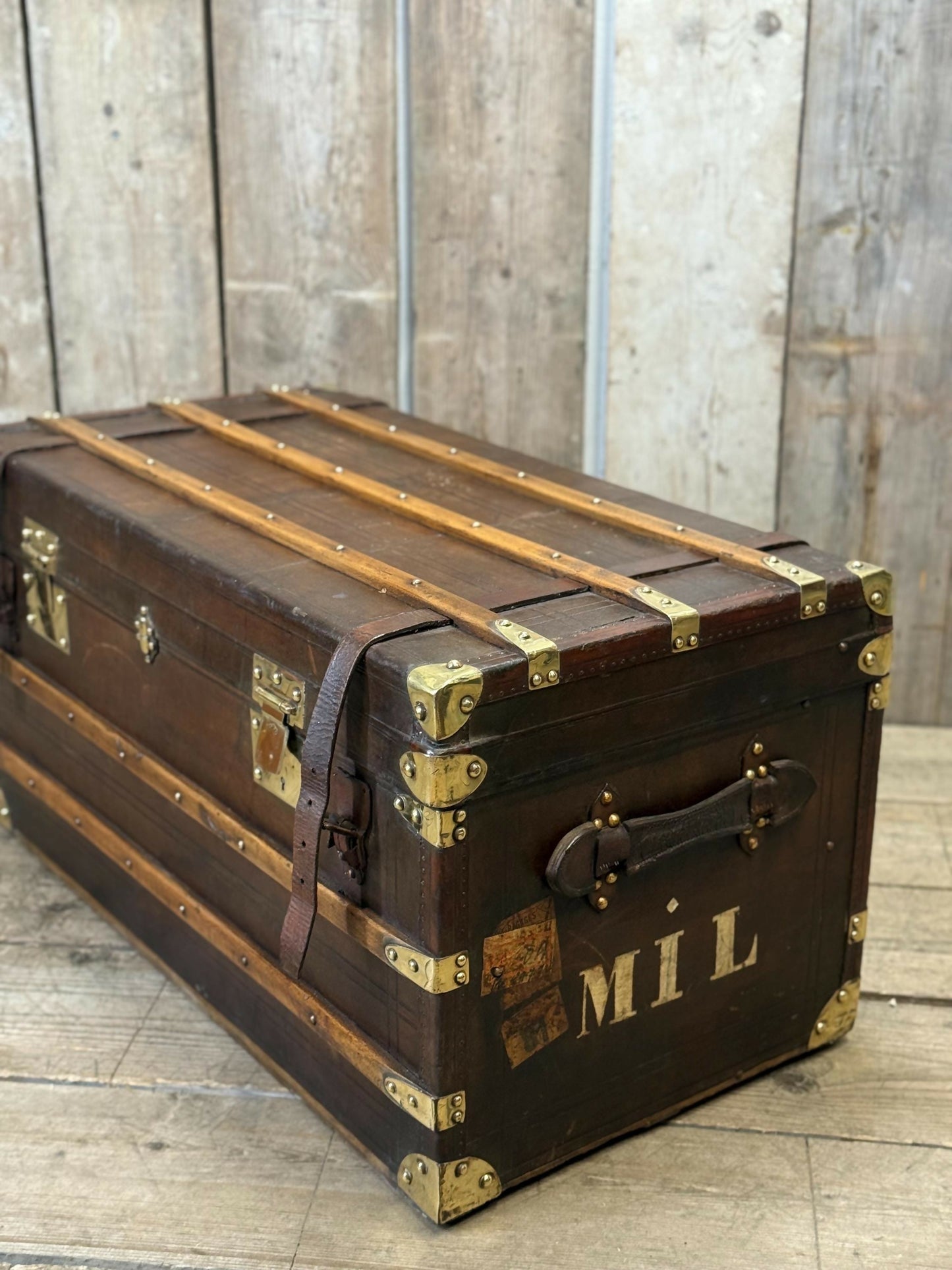 Antique full leather and brass bound travel trunk coffee table