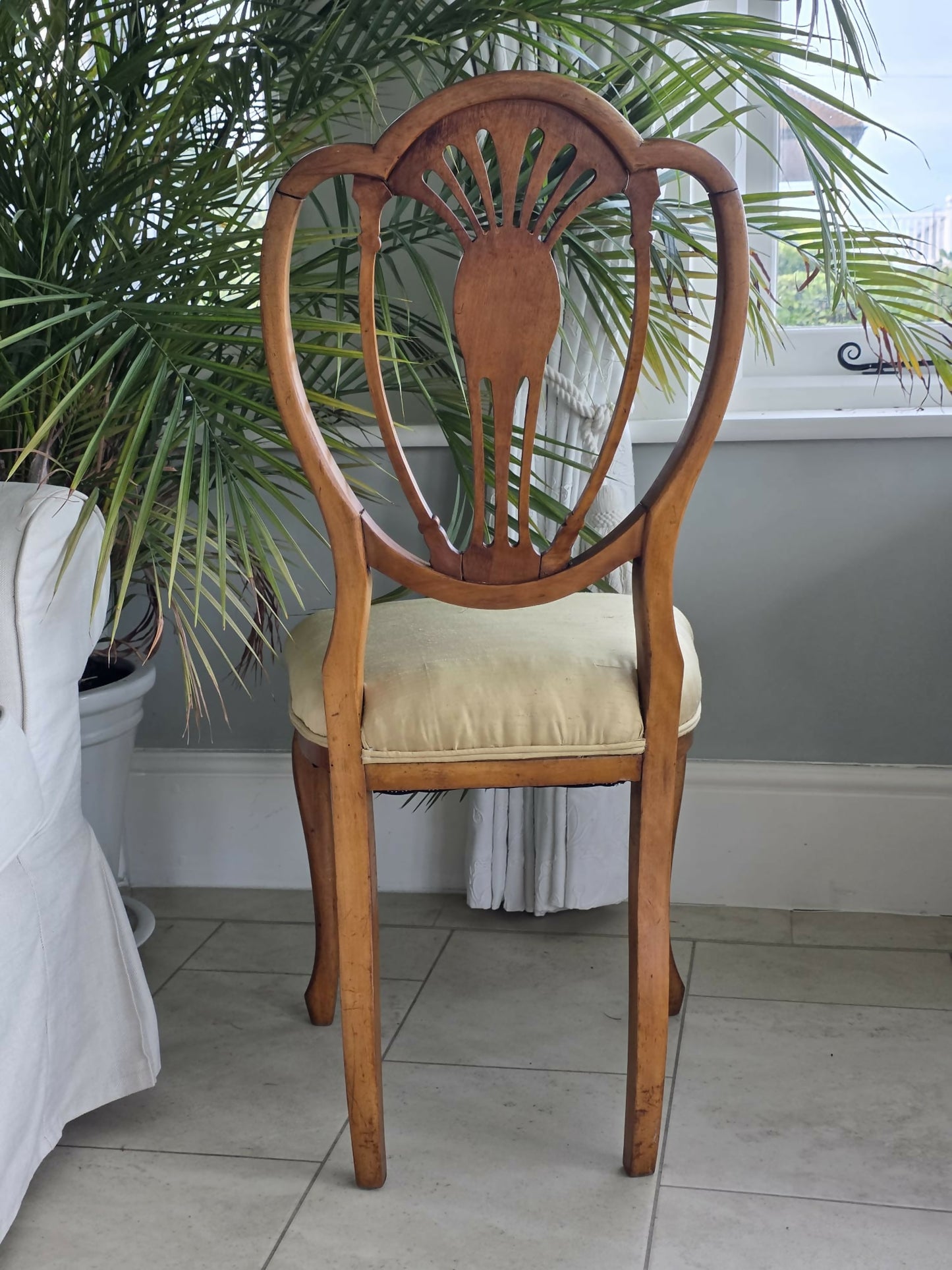 A George III-Style Satinwood Dining / Hall Chair With Hand Painted Portrait . Silk Fabric To Seat.