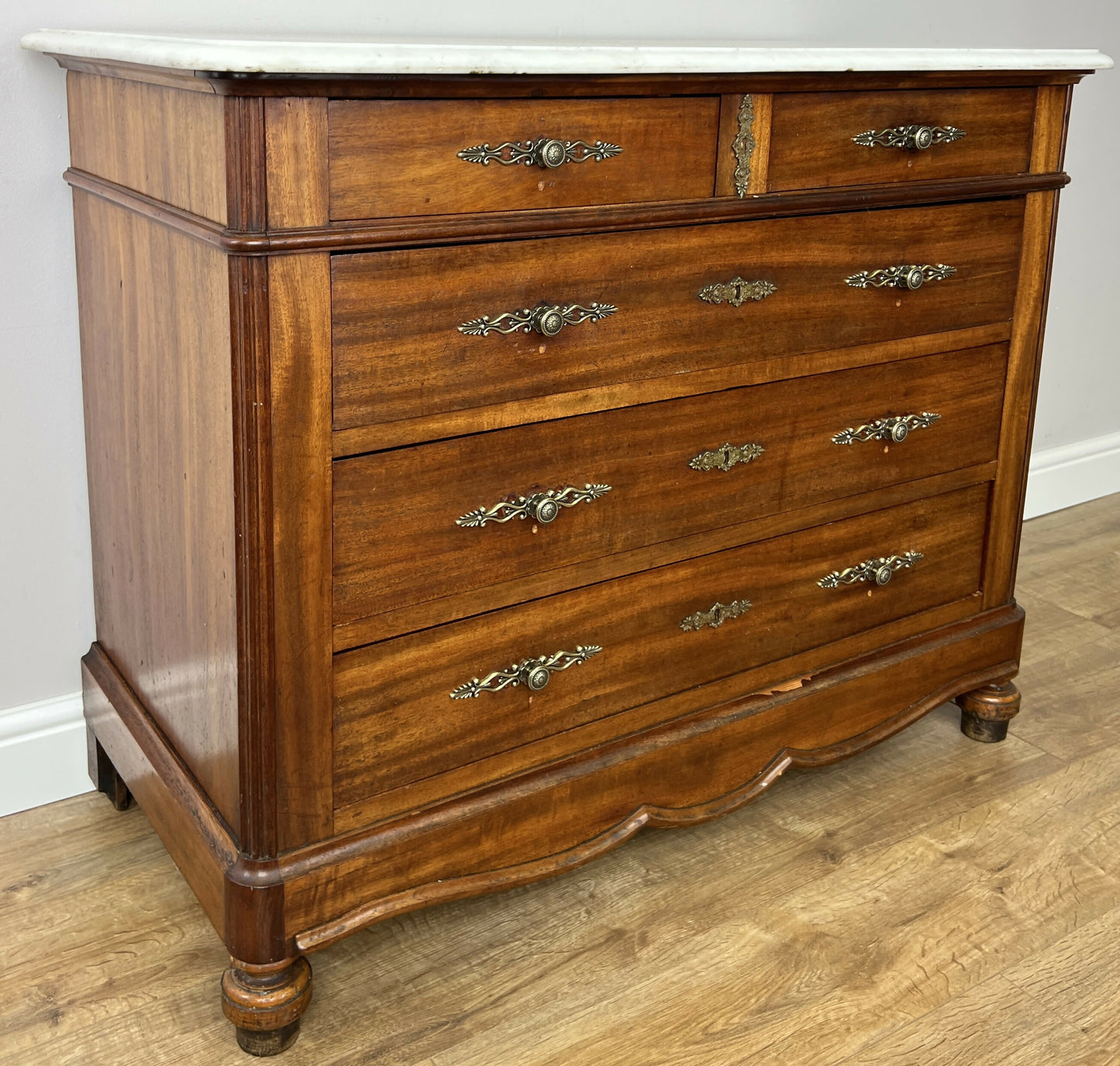 Chest of Drawers Antique French Walnut Marble Top Five Drawer Cabinet LOT 6451