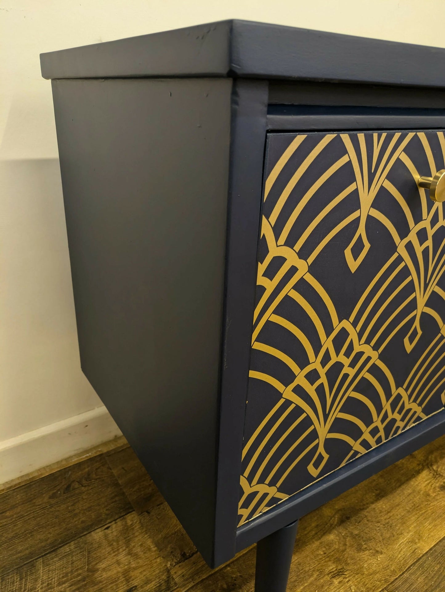 Vintage Midcentury Teak Sideboard: Navy & Gold Art Deco Cabinet