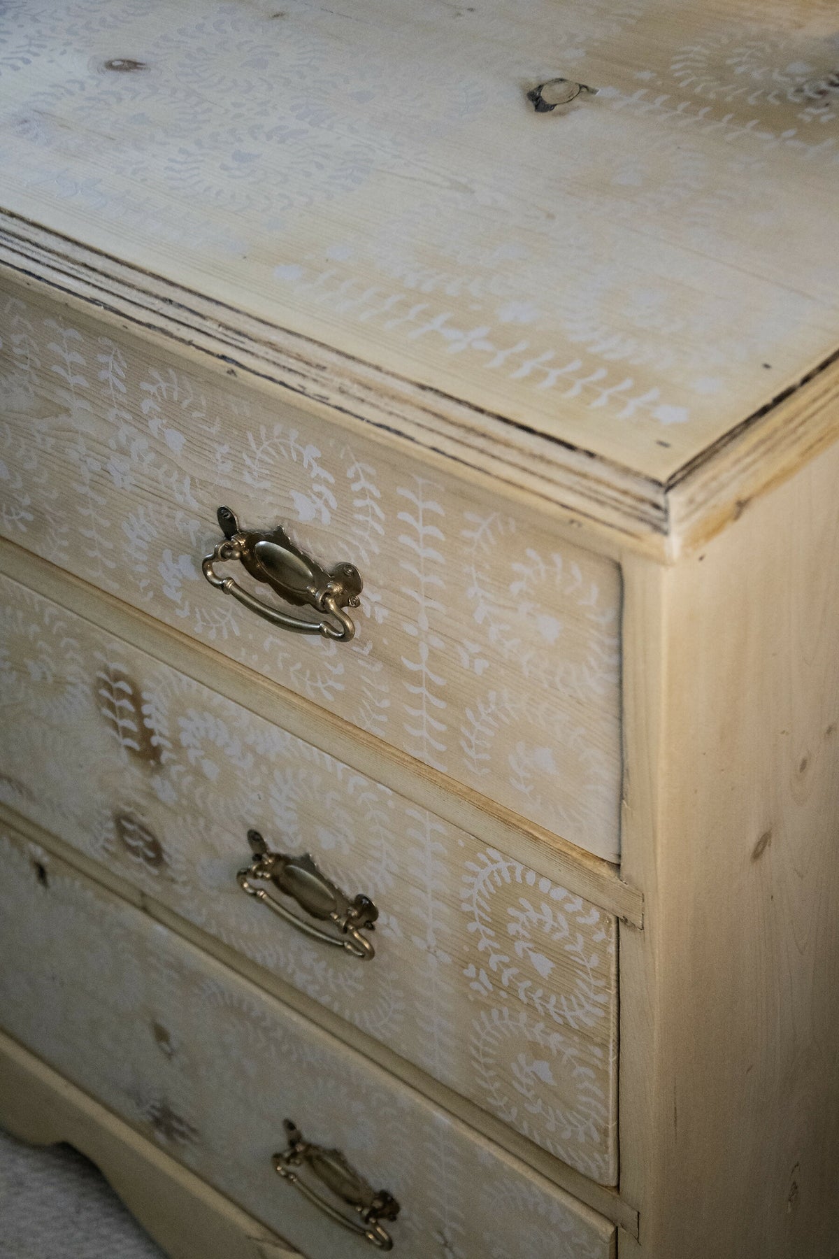 Antique Pine Chest of Drawers with stencils , three large drawers
