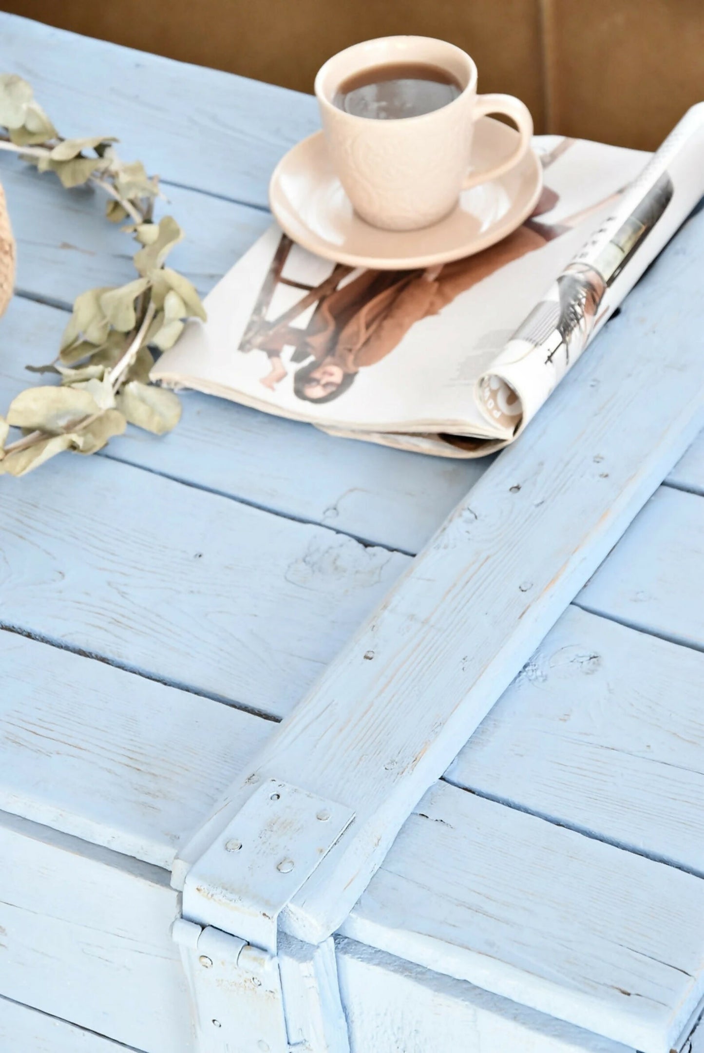 Pastel Blue Vintage Military Chest Coffee Table – Reclaimed Solid Wood Army Trunk Storage Table, Rustic Farmhouse Coffee Table