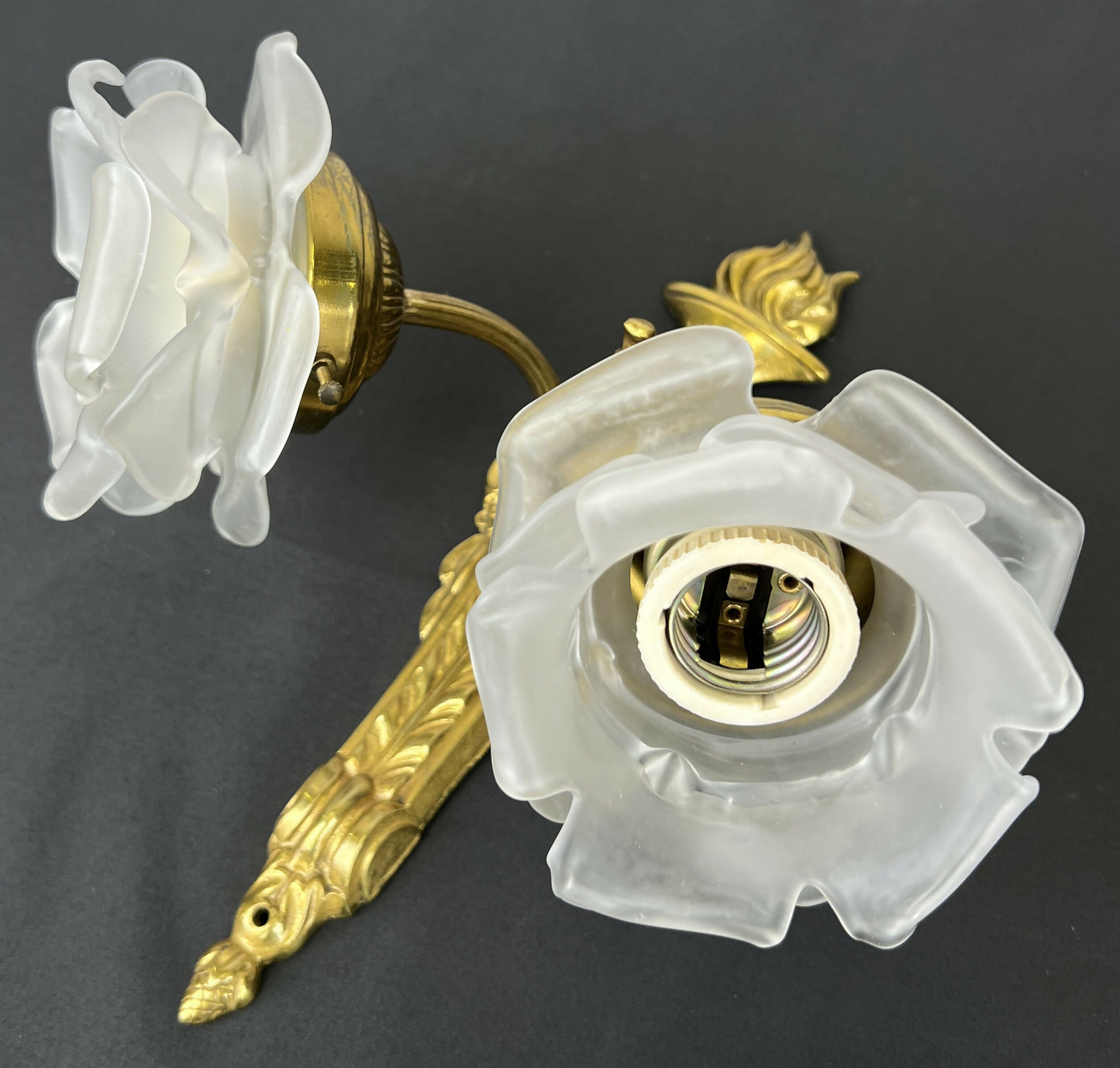 Pair of Wall Lights Vintage French Ornate Double Arm Glass Sconces LOT 6477