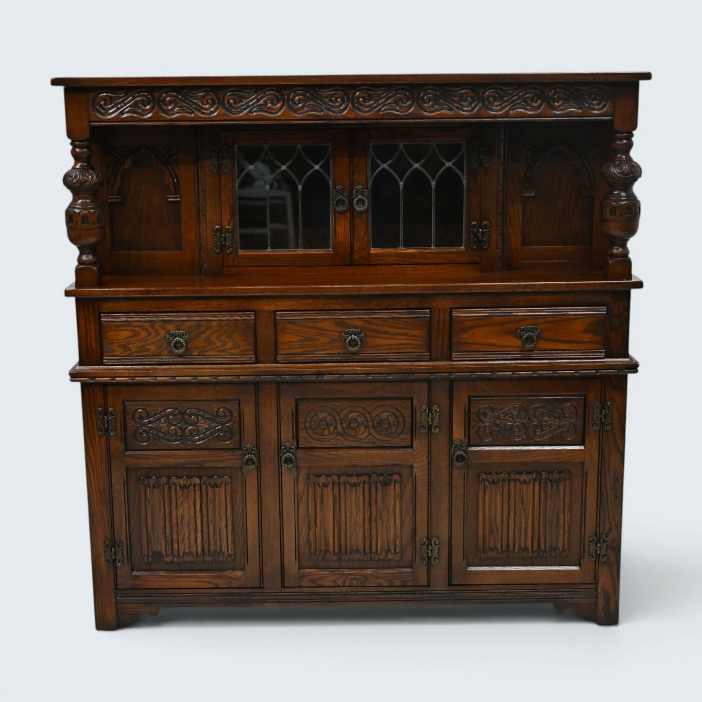 Old Charm Gothic Court Cupboard Buffett Sideboard Tudor Brown FREE UK Delivery.