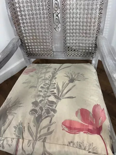 Vintage Painted Grey Cane Back Armchair / Bedroom Chair