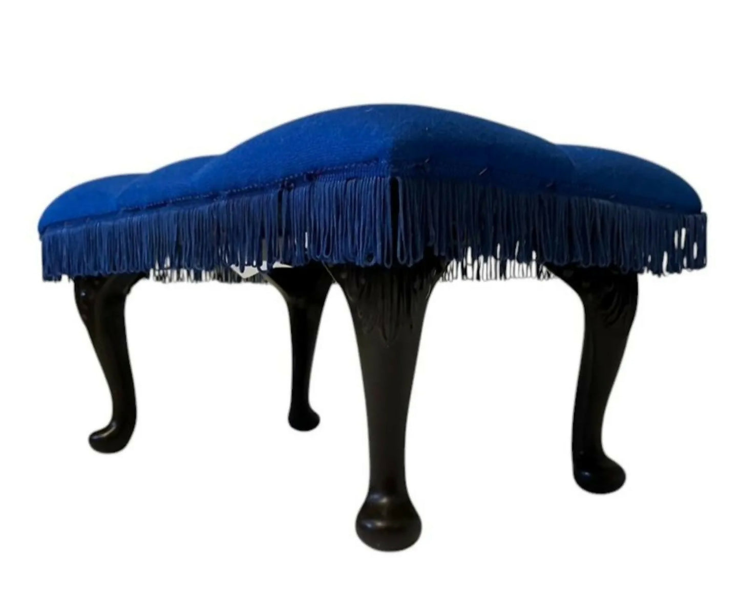 Vintage Upholstered Footstool Blue Tufted Stool Fringe Cabriole Legs