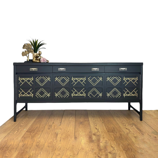 Large Nathan sideboard dark grey with gold art deco design, drinks cabinet, cocktail cabinet, console, mid century, statement, refurbished