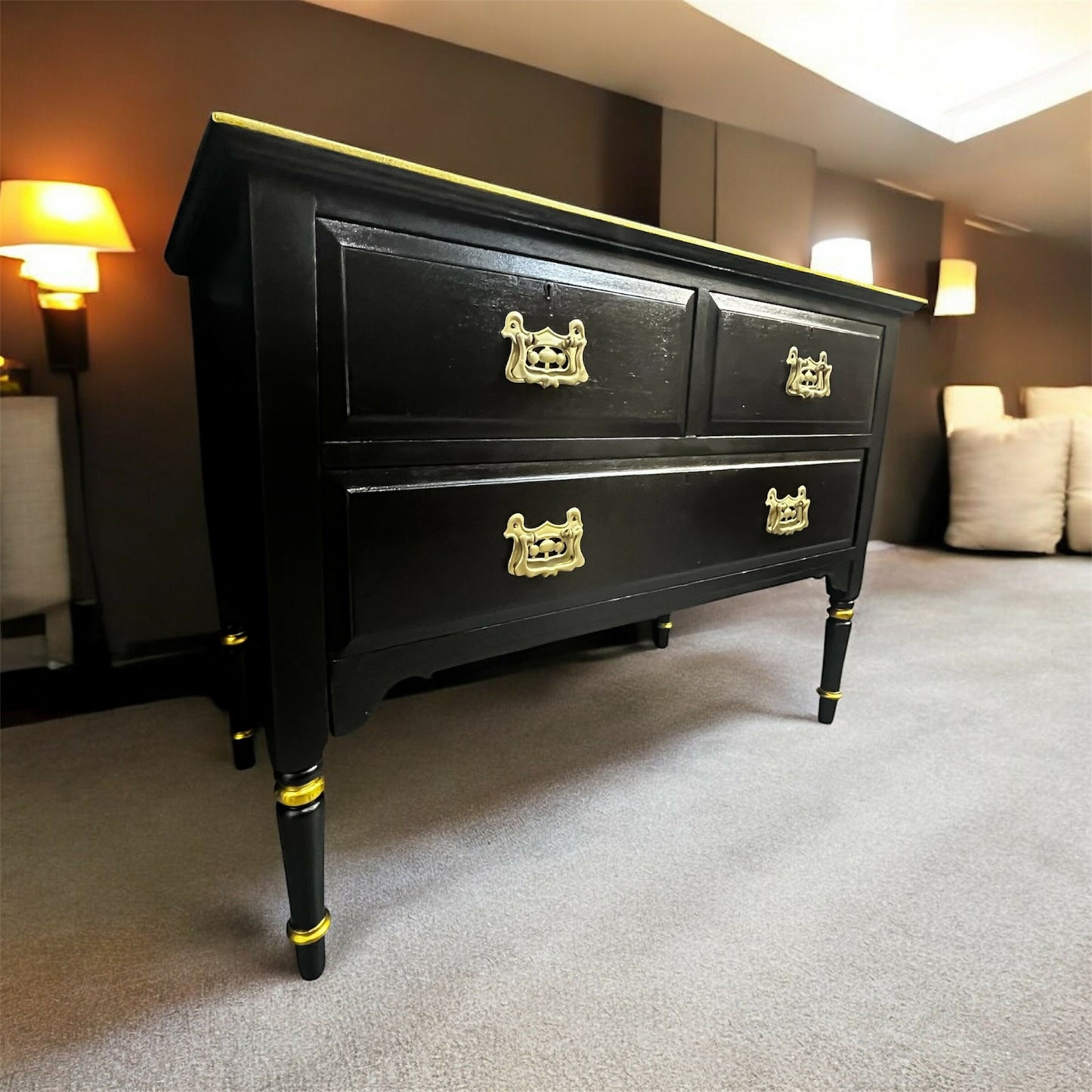 Black & Gold, Upcycled, Painted Dresser – Striking Modern Glamour with Hand-Finished Detail