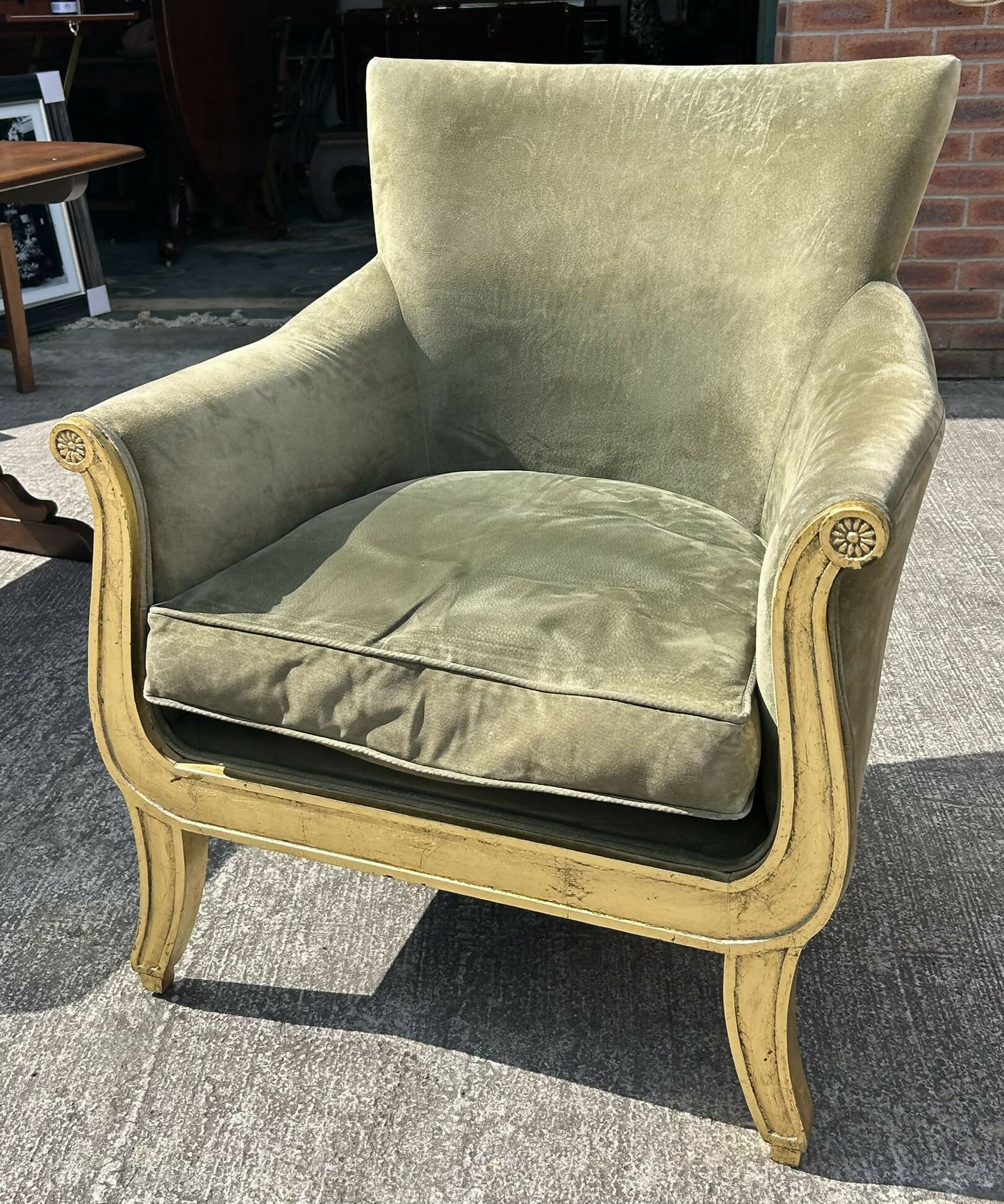 French Louis XVI Style Neoclassical Suede Leather Armchair With Gold Gilt Frame