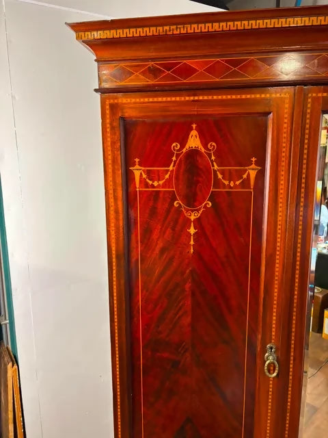 Edwardian Mahogany Inlaid Wardrobe / Armoire with Mirror & Drawers