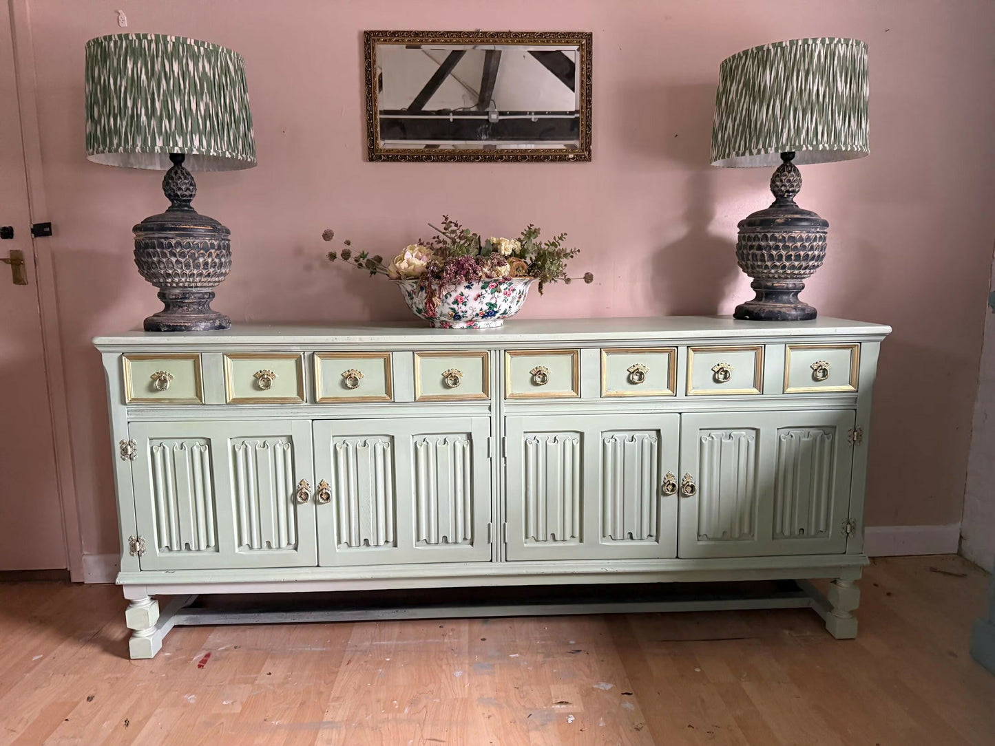Sage Green Upcycled Sideboard, Gold Accents, Sustainable Decor