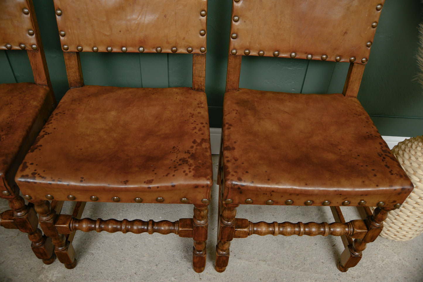 6 Oak Leather Dining Chairs - Cromwellian Style