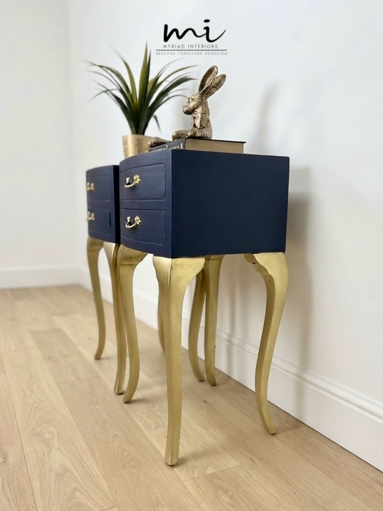 Vintage Navy Blue and Gold French Louis Style Bedside Tables, nightstands, Cabriole Legs