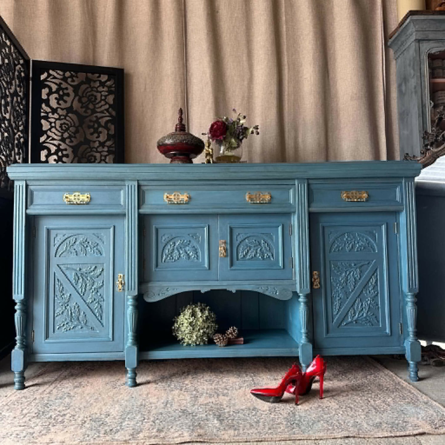 Blue Vintage Carved Sideboard