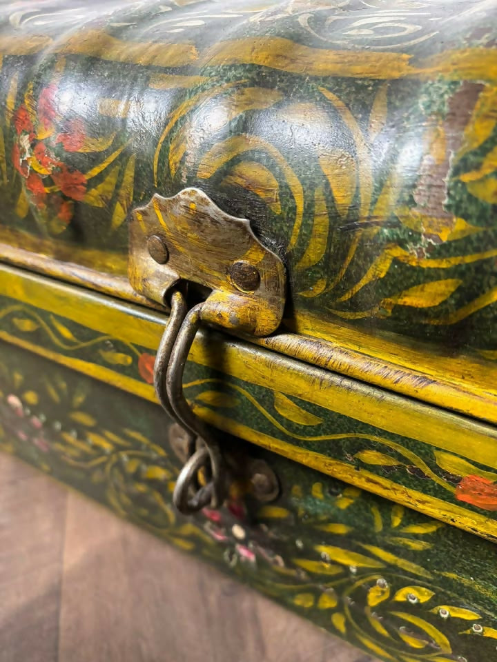 Vintage Indian Reclaimed Hand Painted Metal Trunk