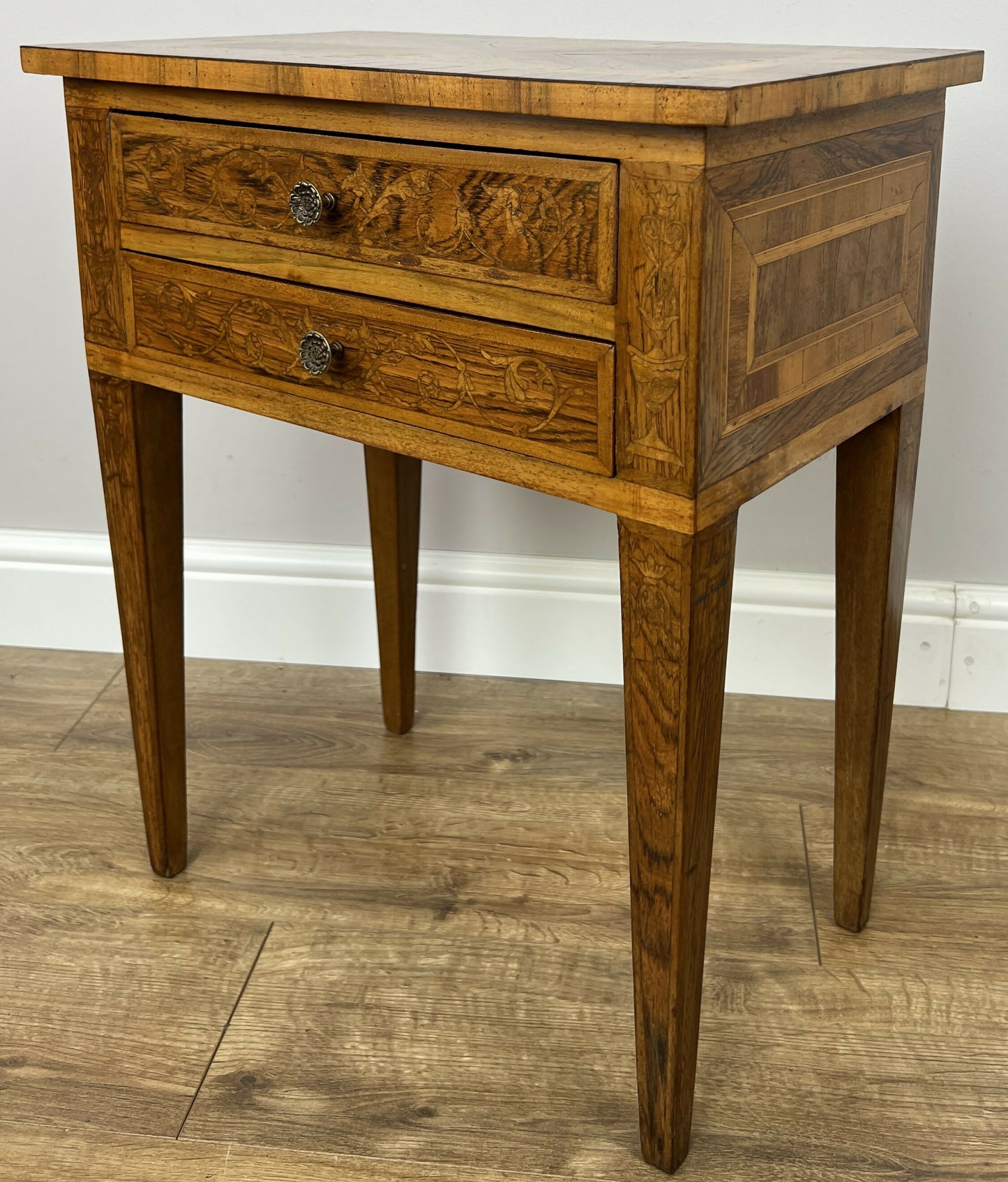 Bedside Table Vintage French Style Inlaid Burr Cabinet Carved Cupboard LOT 6289