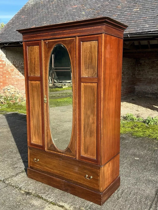 Antique Edwardian Mahogany Inlaid Mirrored Wardrobe With Drawer