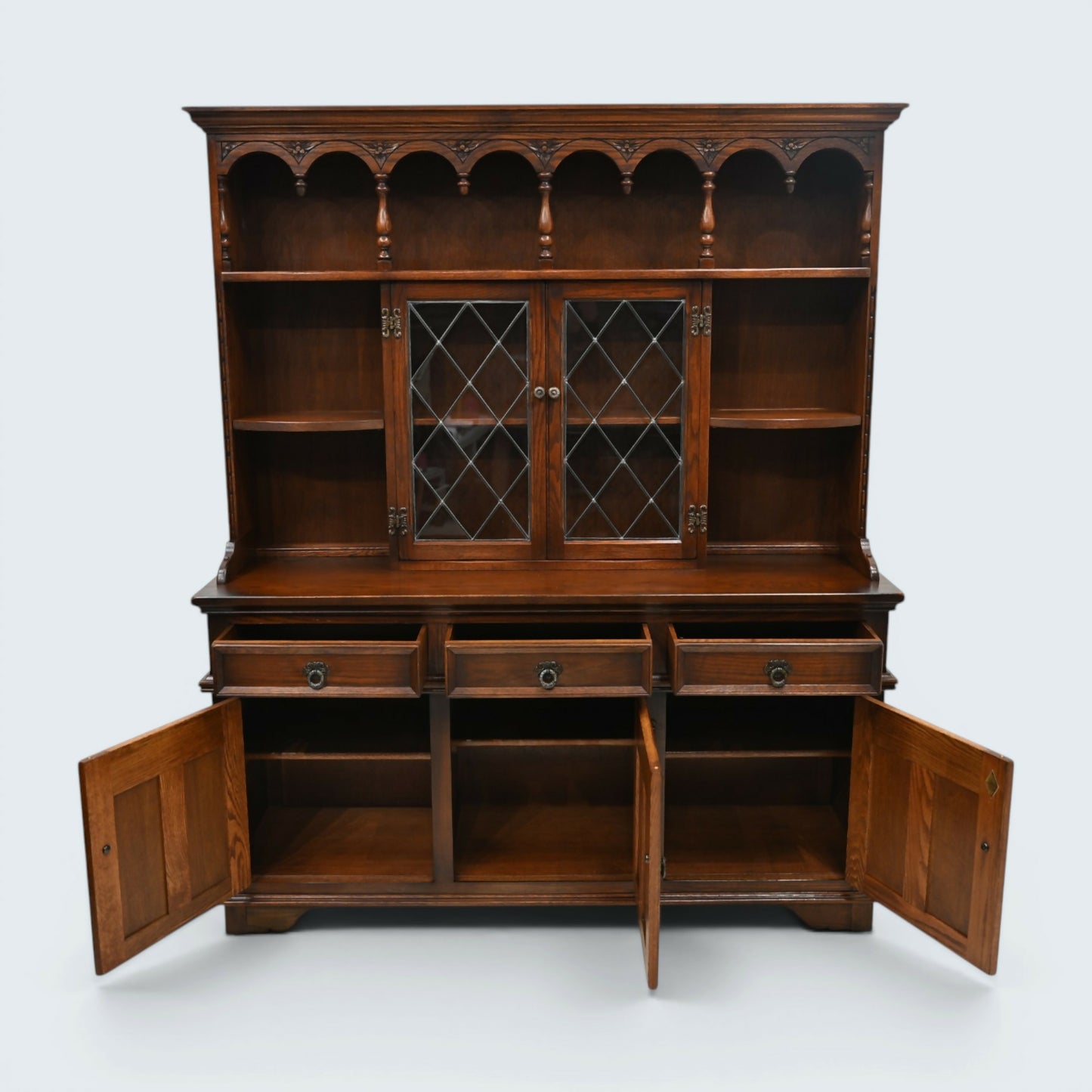 Old Charm Oak Gothic Dresser In Tudor Brown Sideboard Display FREE UK Delivery