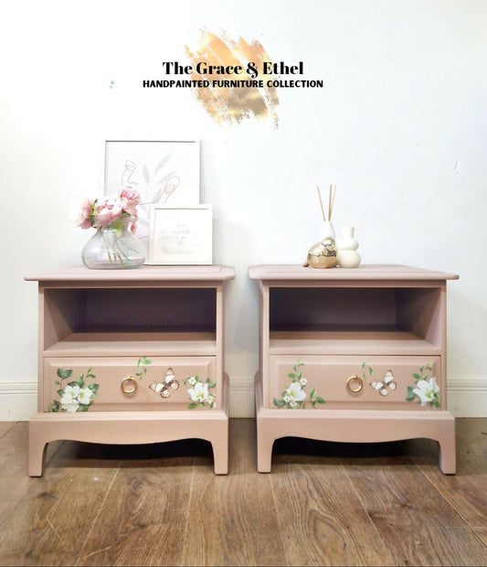 Stag bedside cabinets in pink