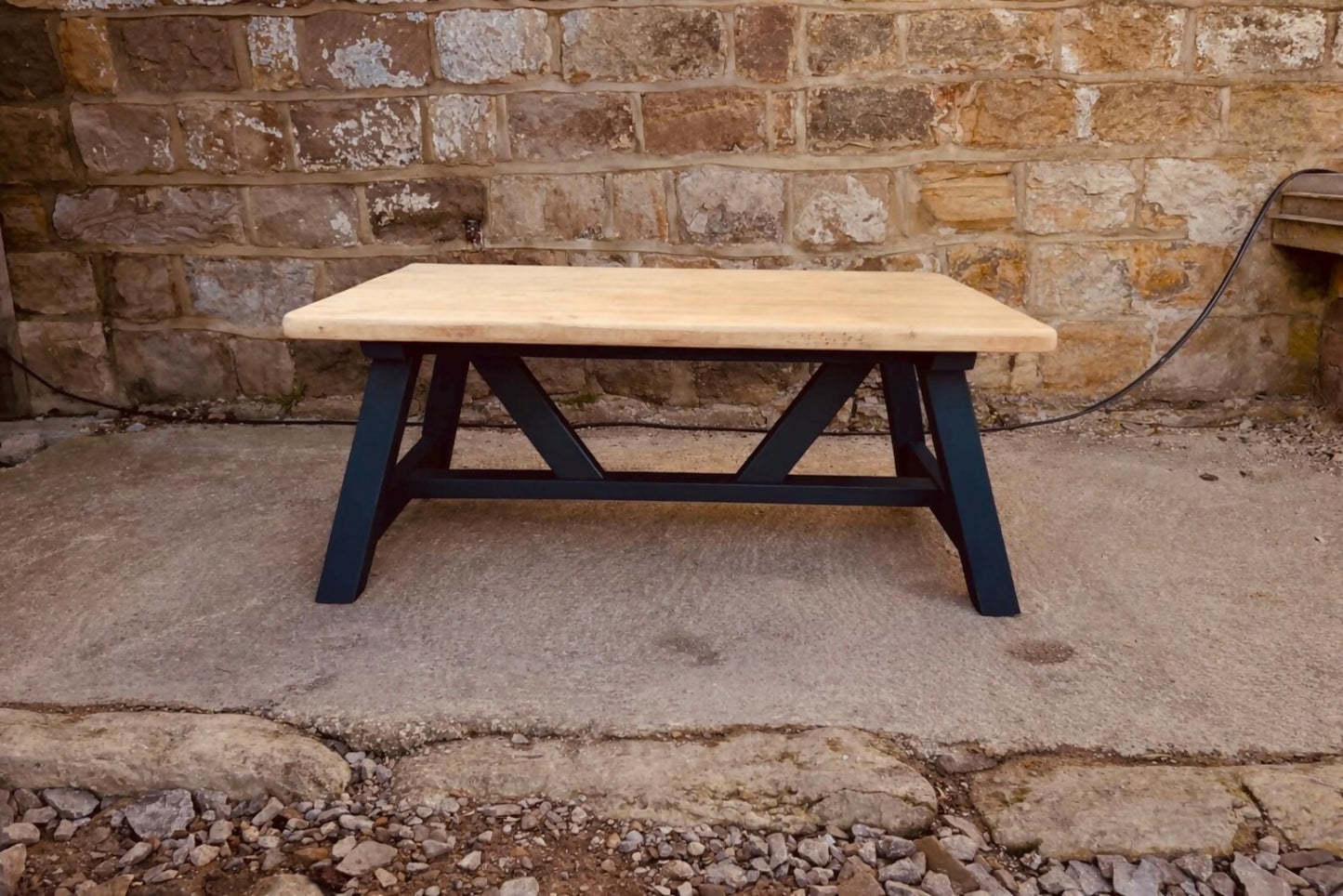 Solid Wood Farmhouse Coffee Table | Handcrafted Rustic Coffee Table with Natural Top & Navy Painted Base