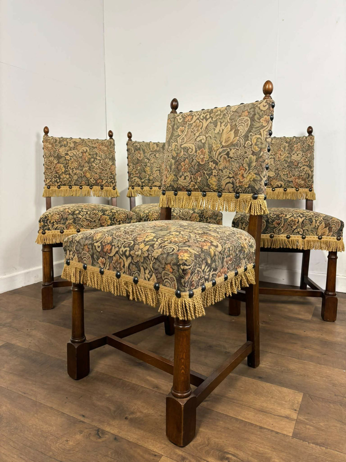 Set of Four Vintage Oak Upholstered Dining Chairs